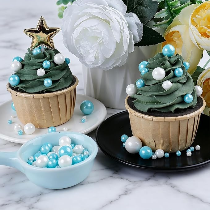 Blue and White Sprinkles for Cake Decorating, 130g/4.6oz Edible Pearl Sprinkles Mix, Sugar Candy Pearls for Baking, Cookie Decorations and Cupcake Toppings, Wedding Shower Party Winter Supplies