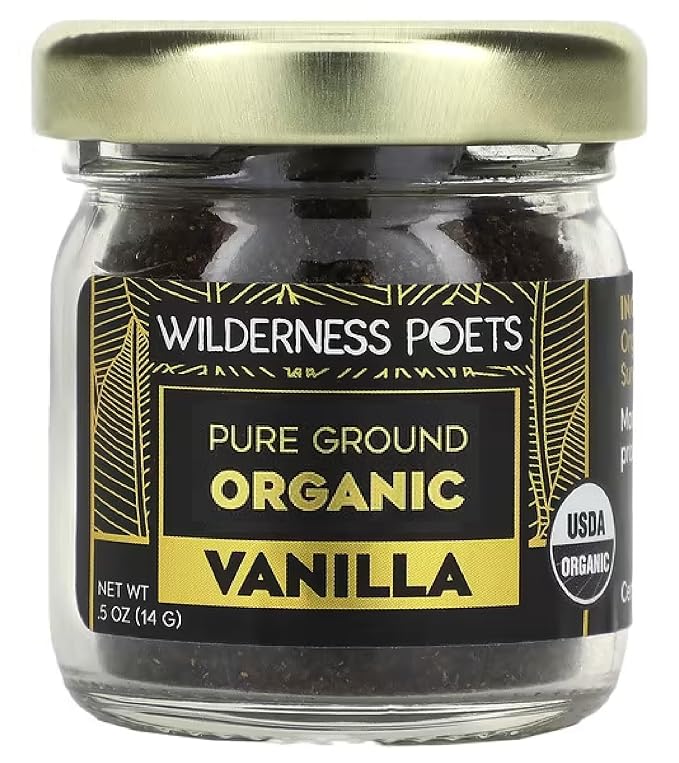 Wilderness Poets, Pure Vanilla Powder - 100% Organic Ground Vanilla Beans - Tahitian Variety, Grade A | Potent, Super Aromatic, Perfect for Chefs, Baking, Ice Cream, Coffee Lattes, Half-Ounce Glass Jar (14 Grams)