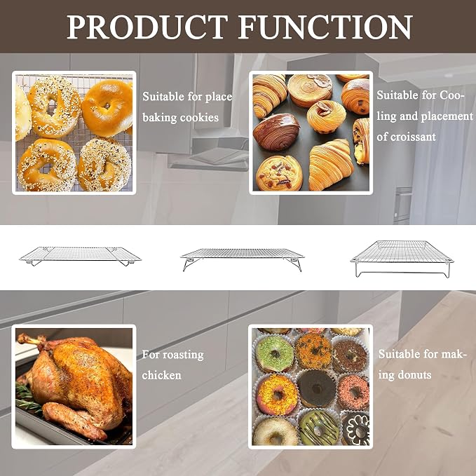 Set of 2 Cooling Racks with Folding Legs，for Cooking, Roasting, Drying, Rust-Resistant 304 (18/8) Stainless Steel Cooling Grilling for Baking, Heavy Duty Tight-Wire, 17 x 11.2 inches