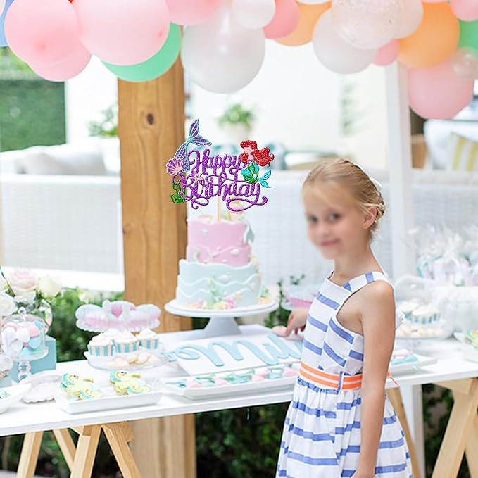 1 PCS Mermaid Happy Birthday Cake Topper - Glitter Ocean Starfish Seawood Seashells Tail Cake Decoration for Under the Sea Theme Baby Shower Birthday Party Supplies Purple
