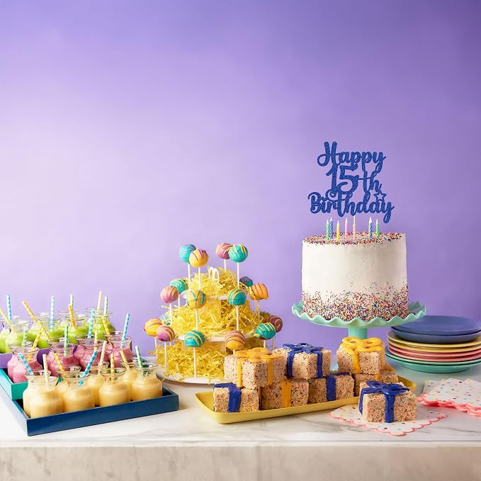 Gyufise 1Pc Happy 15th Birthday Cake Topper Glitter 15 & Fabulous Cheers to 15 Years Old Cake Pick for Celebrating 15th Birthday Anniversary Party Cake Decorations Supplies Blue