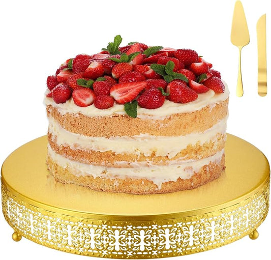 Wenqik 14 Inch Gold Cake Stand Set Metal Round Cupcake Dessert Wedding Cake Stand with Cutting & Spatula Cookies Display Holder Fruit Serving Tray for Table Wedding Birthday Anniversary Party