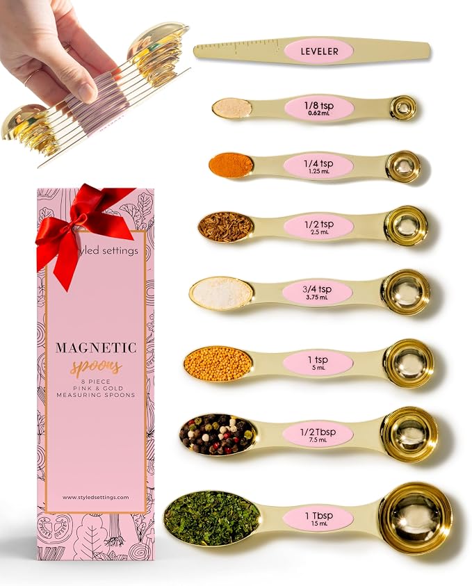 Pink Magnetic Measuring Spoons Set - 8-Piece Dual-Sided Stainless Steel Spoons, Stackable and Spice Jar Friendly – Stylish Pink Kitchen Accessories for Cooking and Baking