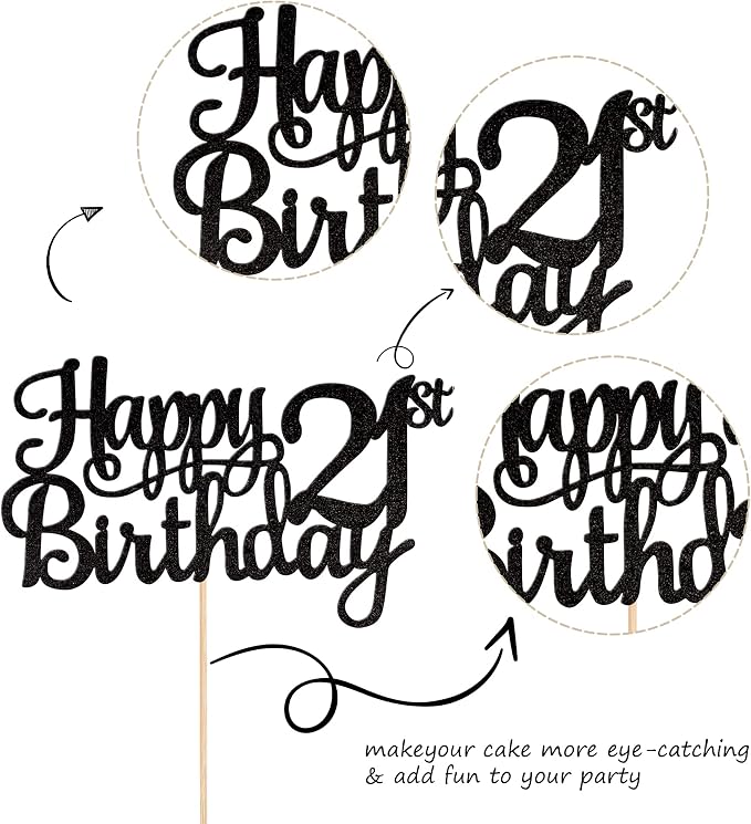 1 PCS Happy 21st Birthday Cake Topper Glitter Cheers to 21 Years Cake Pick 21 Fabulous Cake Decoration for 21st Birthday Party Decorations Supplies Black