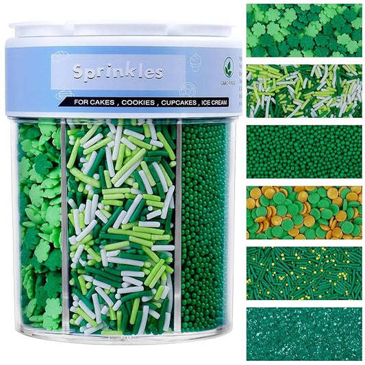 Green Sprinkles for Cake Decorating, 11Oz Spring St Patricks Day Sprinkles Edible with Jimmies, Nonpareils, Shamrock, Confetti, Sanding Sugar, Cupcake Ice Cream Donuts Baking Toppings