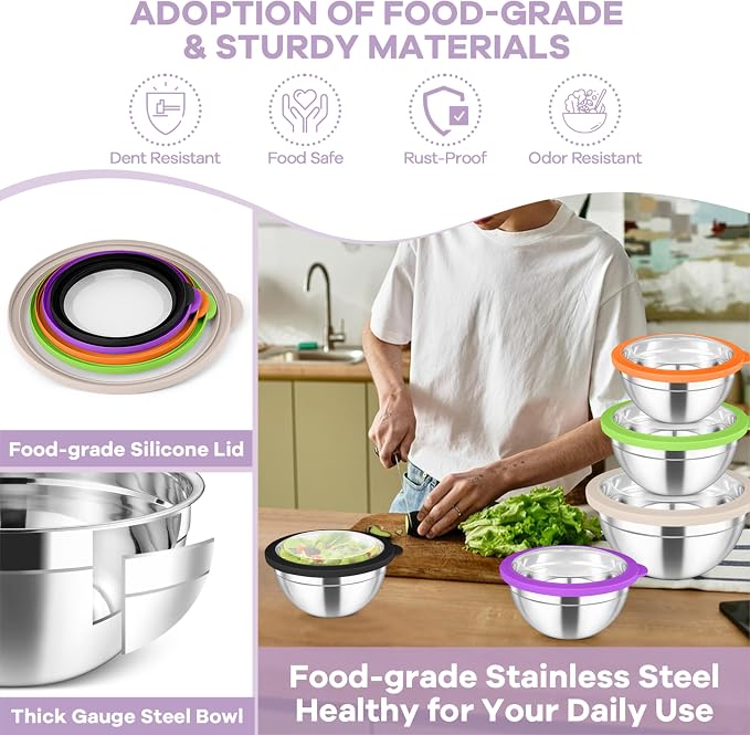 TeamFar Mixing Bowl Set, 4.5/3/1.5/1/0.7 QT Stainless Steel Nesting Salad Bowls with Visible Lids, For Serving/Mixing/Storing, Non-Toxic & Heavy Duty, Airtight & Easy Clean, Multi-Color, Set of 5