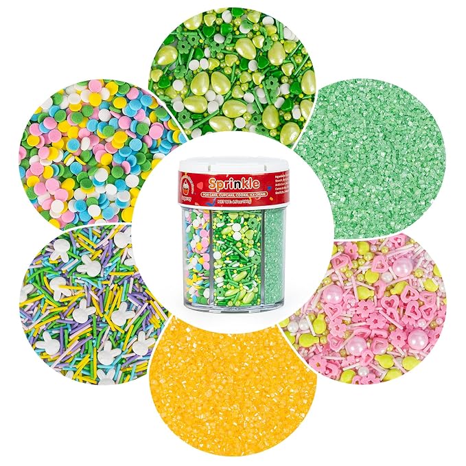 Edible Sprinkles for Cake Decorating,6 Cell-6.7oz,Light Green and Yellow Sanding Sugar,Rainbow Round Confetti,White Rabbit,Pastel Color Sugar Jimmies,Nonpareils,Green Pearls,Green Eggs Sprinkle,Cake Decorations for Baking,Desserts,Cupcakes,Ice Cream,Co...