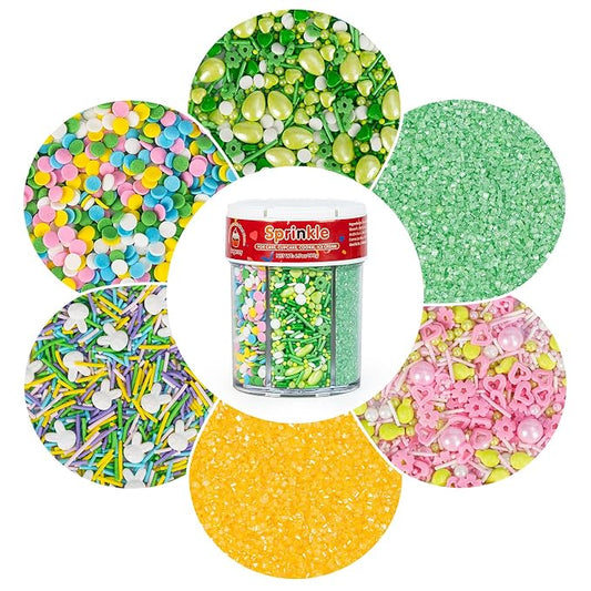 Edible Sprinkles for Cake Decorating,6 Cell-6.7oz,Light Green and Yellow Sanding Sugar,Rainbow Round Confetti,White Rabbit,Pastel Color Sugar Jimmies,Nonpareils,Green Pearls,Green Eggs Sprinkle,Cake Decorations for Baking,Desserts,Cupcakes,Ice Cream,Co...