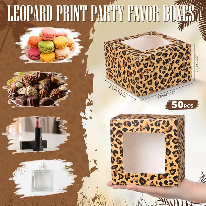 50 Pack Leopard Print Cookie Boxes with Window, Small Bakery Treat Boxes for Pastry Donuts Macaroon Cupcakes, Safari Birthday Wild Themed Party Baby Shower Favors