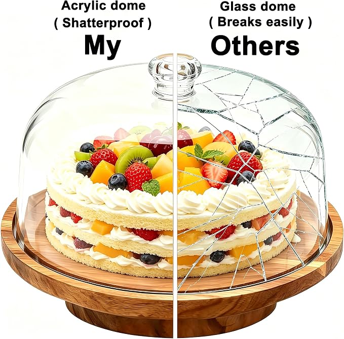 Rotating Acacia Wood Cake Stand with Dome Lid 11 inch Round Wooden Cake Display Plate with Cover for Wedding Birthday Party Kitchen Baking Gifts