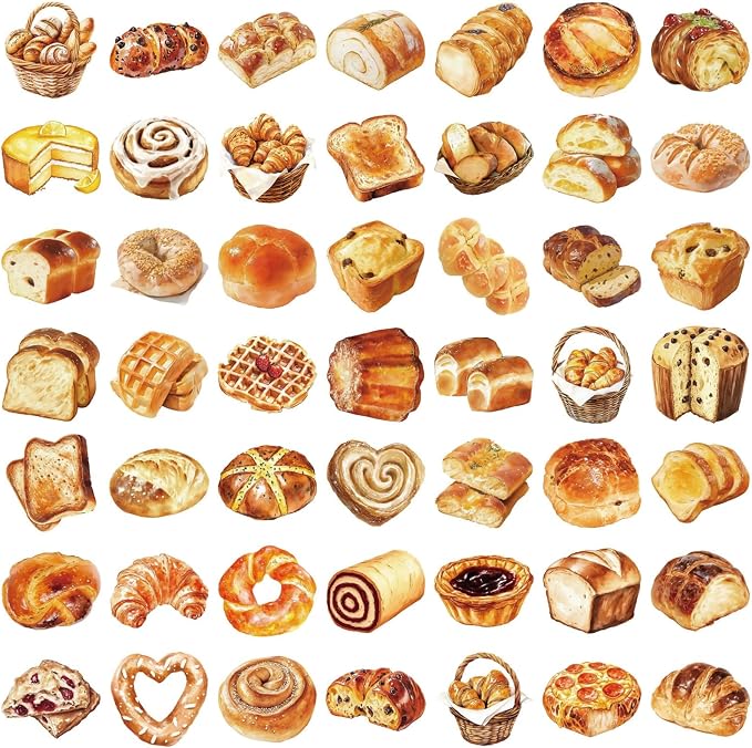50PCS Bakery PET Stickers Yellow Bread Aesthetic Waterproof Vinyl Decals 2 Inch for Journals Scrapbooks Laptops Water Bottles (Bakery)