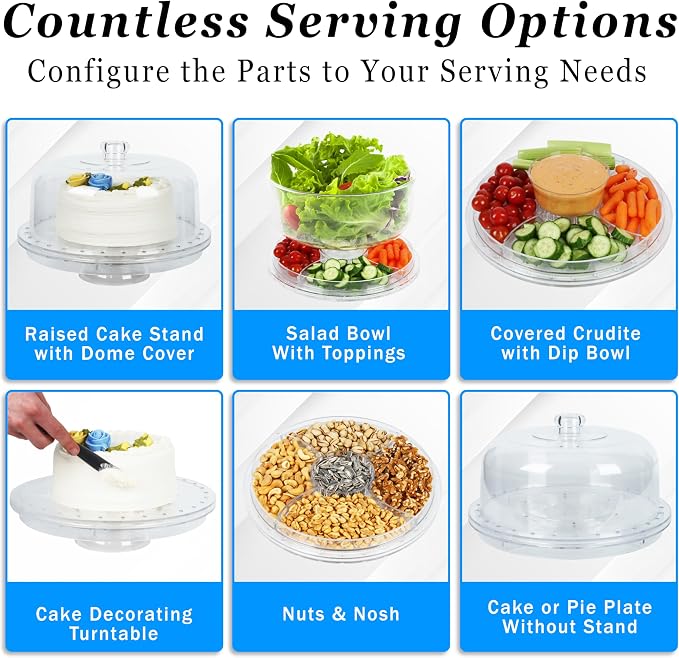 7 in 1 Rotating Multifunctional Acrylic Cake Stand with Lid & Cake Turntable for Decorating (12") - Turntable Decorating Kit Serving Salad Bowl/Veggie Platter/Punch Bowl/Desert Platter - BPA Free