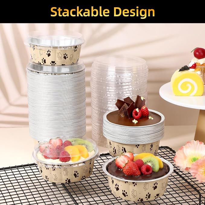 Beasea 8 oz Ramekins with Lids, 120 Pack 8oz Disposable Aluminum Foil Creme Brulee Baking Cups, Round Muffin Mini Pudding Cups Tins Individual Cupcake Containers for Party Birthday - Cat Claws