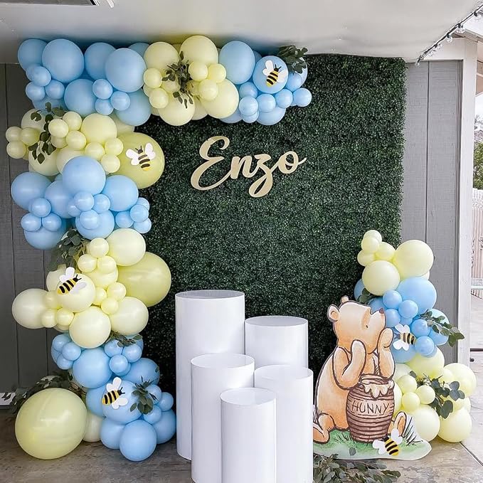 Pastel Blue Yellow Balloon Arch Kit 154pcs Macaron Baby Blue Pastel Yellow and Light Brown Latex Balloons for Baby Shower Bee Bear Theme Birthday Bridal Wedding Party Decorations