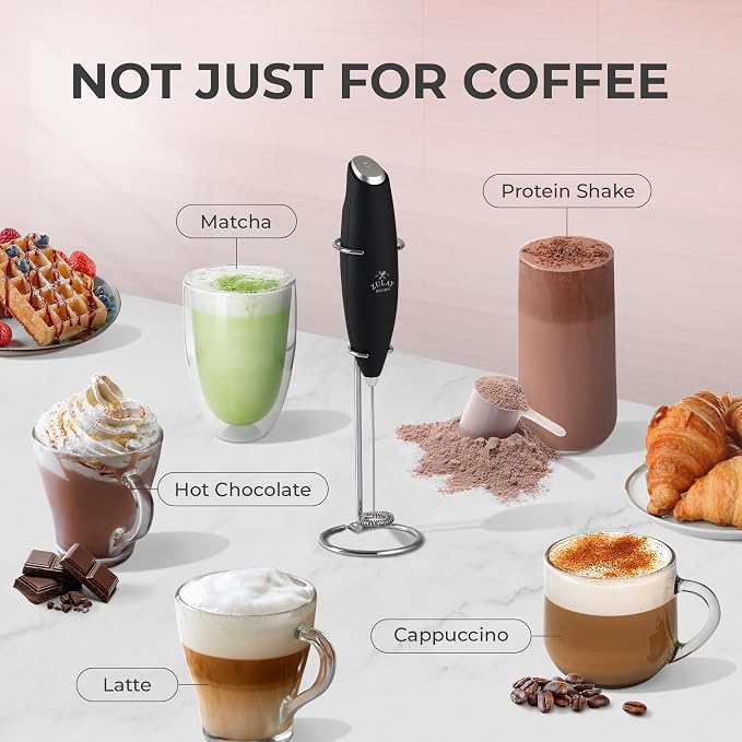 Zulay Kitchen Powerful Milk Frother Wand With Duracell Batteries - Ultra Fast Handheld Drink Mixer - Electric Whisk Foam Maker for Coffee, Lattes, Cappuccino & Matcha - Z1 Motor - New Black