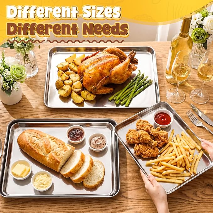 4 Pack Stainless Steel Sheet Baking Pans, 16/18/20/24 Inch Commercial Grade Cookie Sheets for Baking, Heavy Duty Stainless Steel Cookware Set, Non-stick, Non-toxic
