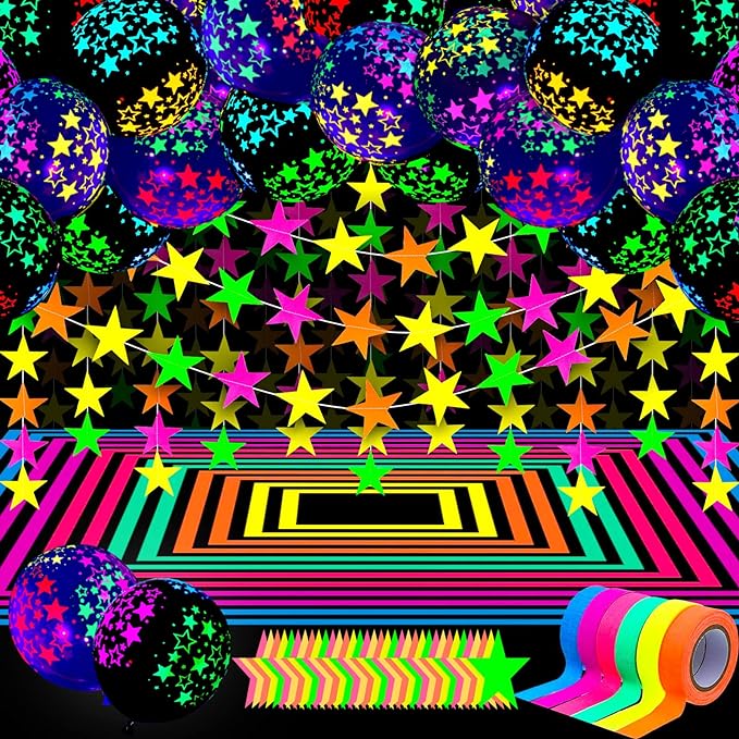Skylety 32 Pcs Glow in The Dark Party Supplies Neon Party Favors with 25 Fluorescent Balloon 6 Rolls 98.4 ft UV Blacklight Luminous Tape 14.4 ft Neon Streamer Garland for Adults(Bright Star)