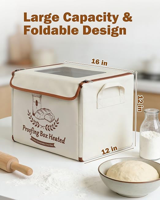 Folding Bread Proofing Box，with Digital Thermometer & Hygrometer, 55-133°F Precision Temp Control, 48H Timer, Even Heat for Sourdough, Yogurt, Kombucha, Pizza & More