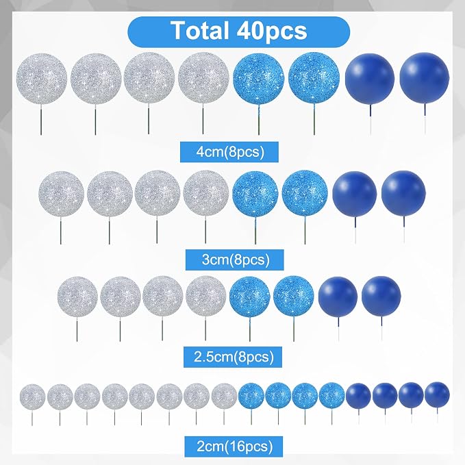 BEISHIDA 40 Pcs Ball Cake Toppers Mini Balls Cake Decorations Blue Silver Foam Balls Sticks DIY Cake Topper for Baking Congrats Grade 2026 Graduation Birthday Winter Party Decorations (Blue Silver)