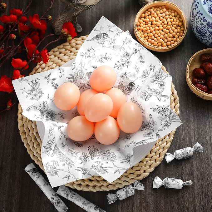 Feifeiya 200 Pcs Floral Wax Paper Sheet for Food Chinoiserie Bird Deli Paper Waterproof Sandwich Wrapping Greaseproof Food Basket Liners for Picnic Party Kitchen Supply, 9.8 x 8.7inch (Floral,Black)