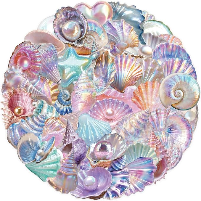 Seashell Stickers Pack, 50PCS PET Transparent Iridescent Conch Shell & Starfish Vinyl Decals, Waterproof Glittering Aesthetic Stickers for Scrapbooking, Water Bottle, Laptop, Phone Case Decor