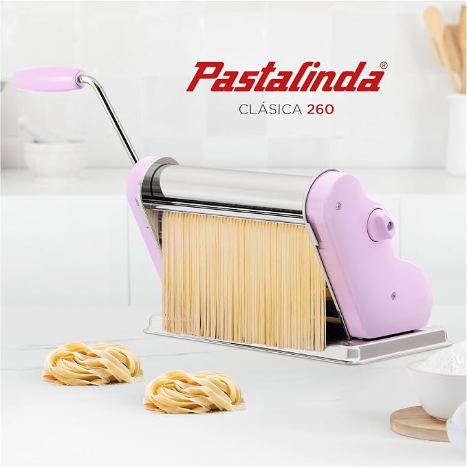 PASTALINDA Classic 260 Pasta Maker Machine, 26 cm Wide Rollers, 9 Thickness Positions, 2 Cutting Positions, Stainless Steel. Includes Reinforced Hand Crank And Two Clamps (Lilac)