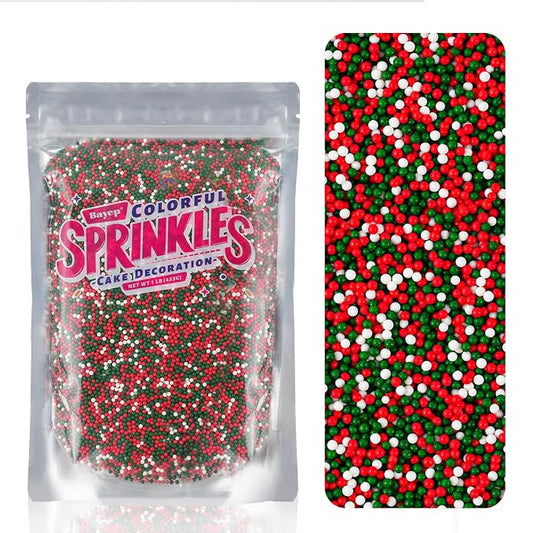 Christmas Sprinkles Bulk 16oz - Edible Red Green White Nonpareils Mini Pearls for Baking, Cookies, Cupcakes | Holiday Sprinkles Topper Decorations, Xmas Cake Decorating Supplies 1lb