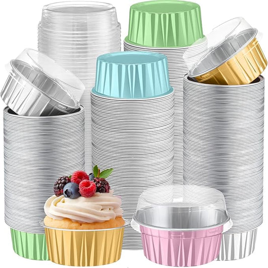 Gejoy 400 Pcs Aluminum Foil Baking Cups with Lids 5 oz Disposable Ramekins Mini Cake Pans Creme Brulee Cupcake Liners Muffin Dessert Container for Wedding Birthday Party (Classic,Soft Color)