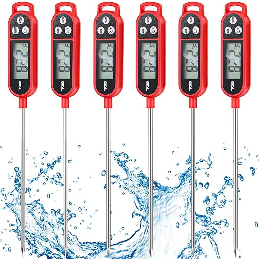 Copkim 6 Pcs Instant Read Meat Thermometer with Long Probe 9.65 Inch Kitchen Cooking Food Candy Waterproof Digital Thermometer for BBQ Water Milk Yogurt Liquid Cooking(Red)