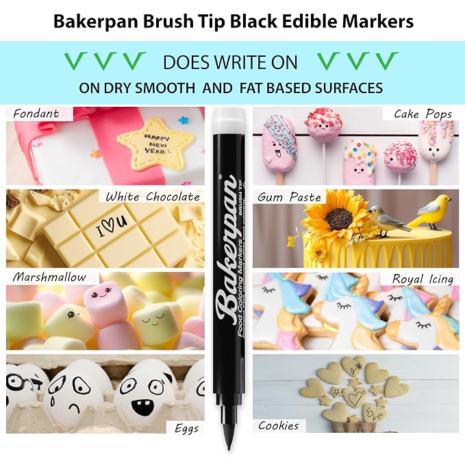 Bakerpan Edible Markers for Cookie Decorating - Set of 3 Black Brush Tip Food Coloring Pens for Cookies, Royal Icing, Fondant, Cake Pops & Candy Melts | Made in USA