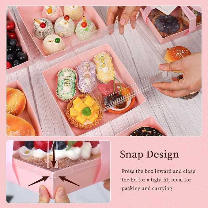 7 x 7 x 2.6 Inches Large Charcuterie Boxes with Clear Lids, 50 Pack Disposable Square Pink Bakery Boxes, To Go Paper Food Container for Cake Slices, Sandwiches, Cookies, Dessert