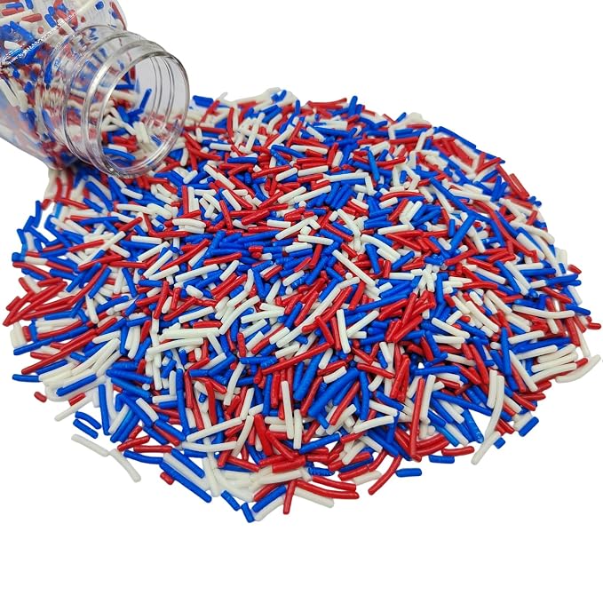 Patriotic Jimmies Sprinkles, Edible Jimmy Sprinkles, Red Blue White Crunchy Jimmies Mix for Cake Decorating, Edible Cookie Cupcake Decorations for Fourth of July Baking and Holiday Party Treats