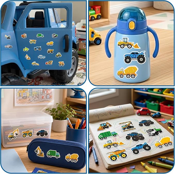 50 Pcs Construction Vehicle Stickers for Scrapbooking, Waterproof Vinyl Truck Stickers for Laptops Water Bottles Journals, Cute Engineering Car Decals for Kids Boys Teens