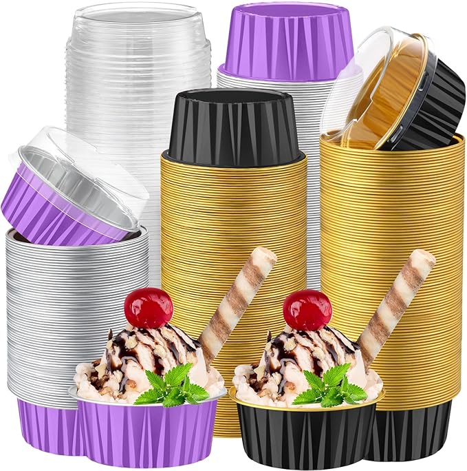 200 Pack Aluminum Foil Cupcake Liners with Lids, 5 oz Round Baking Cup, Disposable Ramekin Container for Graduation Wedding Independence Day Party(Purple and Black,Halloween)