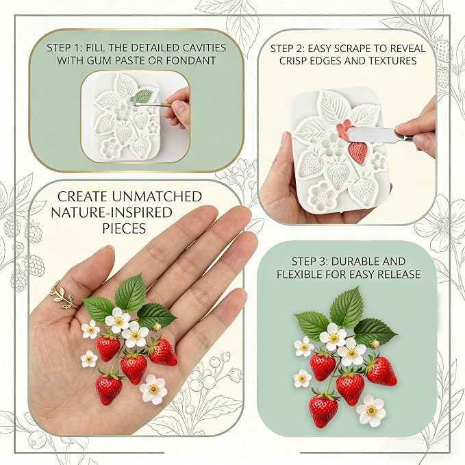 1Pc Strawberry Silicone Mold 3D Flower Leaf Fruit Fondant Baking Molds for Cake Decorating Cupcake Topper Candy Candle Clay Ice Cream Soap Wax Chocolate Gum Paste Pastry Birthday Wedding