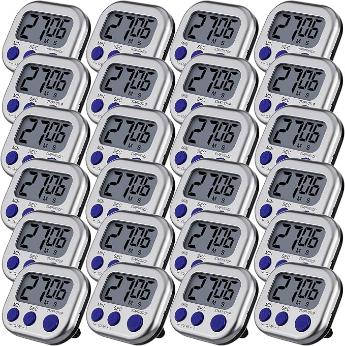 Leumoi 24 Pcs Digital Kitchen Timers Magnetic Back Timers Bulk Large Screen Loud Alarm On/Off Switch Minute Second Count up Countdown Memory Setting for Cooking Classroom Exercise (Sliver and Blue)