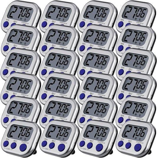 Leumoi 24 Pcs Digital Kitchen Timers Magnetic Back Timers Bulk Large Screen Loud Alarm On/Off Switch Minute Second Count up Countdown Memory Setting for Cooking Classroom Exercise (Sliver and Blue)