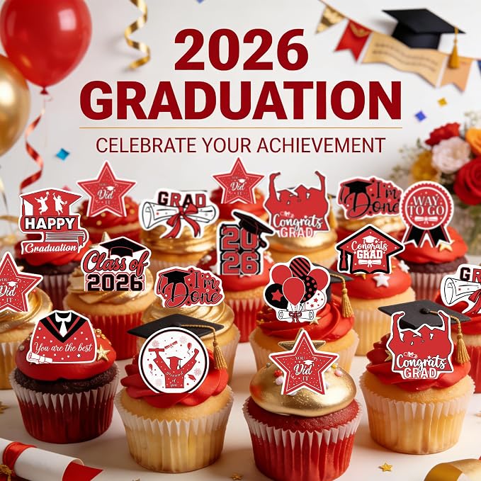48pcs Edible 2026 Graduation Cupcake Toppers Wafer Paper Red Class of 2026 Cake Decorations Edible Congrats Grad Cupcake Picks for 2026 Graduation Theme Party Cake Supplies