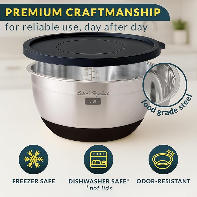 Baker's Signature Stainless Steel Mixing Bowls with Lids Set, 5 Sizes, 3 Graters, Non-Slip Base, Airtight Lids, Metal Mixing Bowls for Kitchen, Food Prep, Storage, 0.63QT-5QT, Black