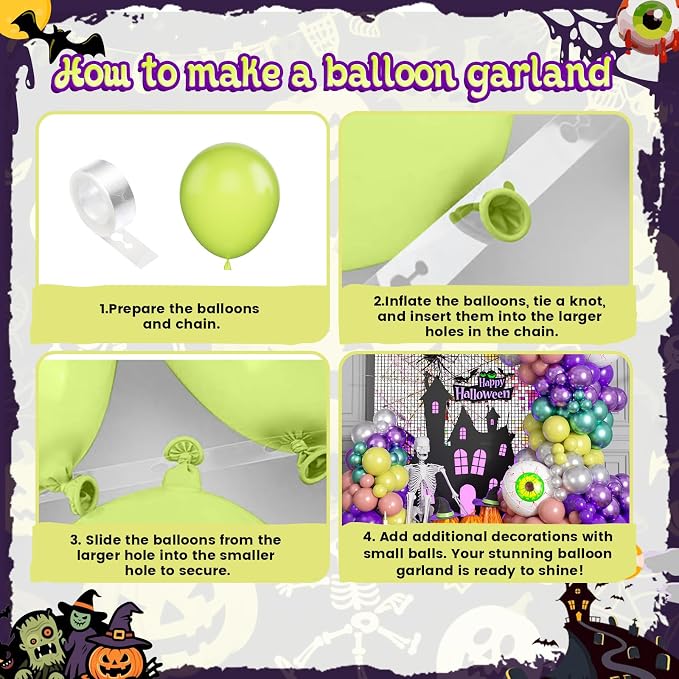 Halloween Balloon Arch Garland Kit, Pink Green Purple Balloons With Blue Green Eyeball Foil Balloons For Halloween Ghost Masquerade Spooky Vampire Scary Themed Birthday Party Decorations