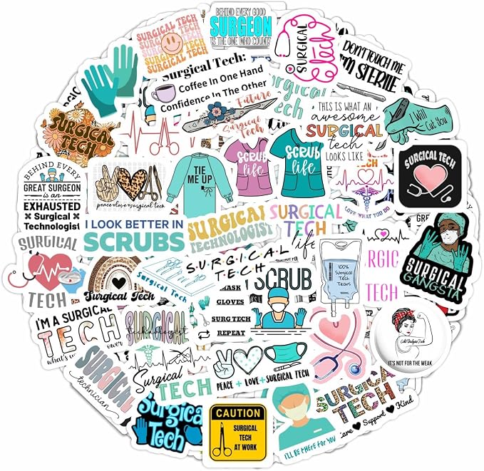 100Pcs Surgical Tech Stickers, Surgery Stickers for Water Bottle and Laptop - Scrub Tech Party Supplies & Decorations, Waterproof Vinyl Decals, Gifts for Women & Men