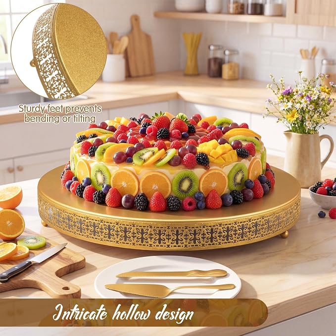 Wenqik Gold Cake Stand 20 Inch Metal Round Cupcake Dessert Wedding Cake Stand with Cutting & Spatula Cookies Display Holder Fruit Serving Tray for Table Wedding Birthday Anniversary Party