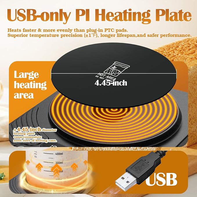 Sourdough Starter Warmer Mat,Temperature Control Range 70°F-110°F, Accurate to 1°F, with Timer Switch Function(0-24 hours),Smart Memory,Powered by USB,Ideal for Home Baking.(Black)