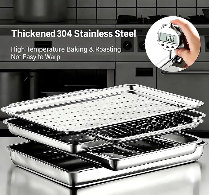 17.5" Half Sheet Baking Pan & Crisping Tray, 18/8 Stainless Steel | 2-Pack, Heavy Duty, Commercial Grade 304SS, 2" Deep Solid & 1" Perforated Tray, For Roasting Draining, Oven & Dishwasher Safe