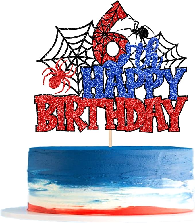 1 PCS Happy 6th Birthday Cake Topper Glitter Spider Web Cheers to 6 Years Six Birthday Cake Pick Superhero Spider Party Decorations for Boys Girls Happy 6th Birthday Party Cake Decorations Supplies