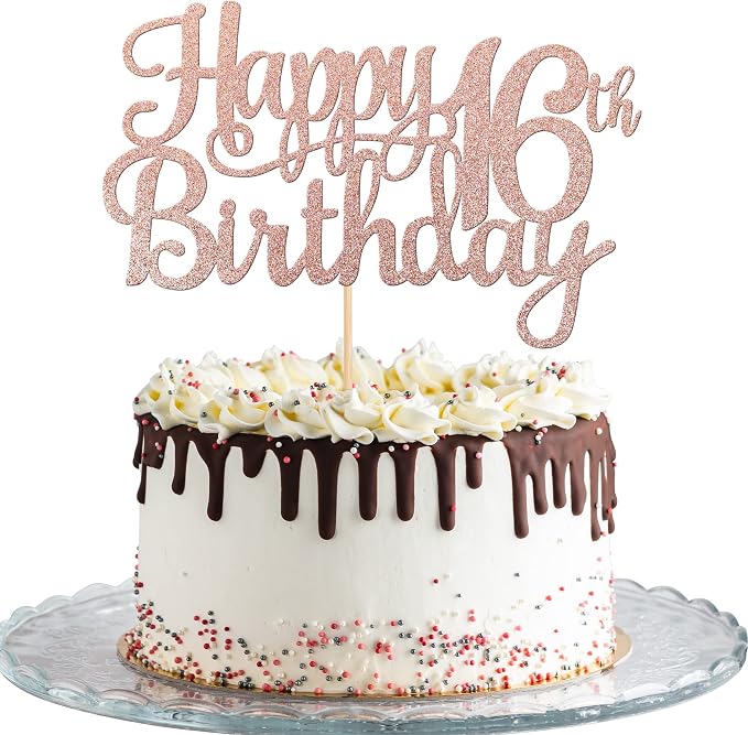 1 PCS Happy 16th Birthday Cake Topper Glitter Cheers to 16 Years Birthday Cake Pick Sweet 16 Fabulous Cake Decoration for Happy 16th Birthday Theme Party Decorations Supplies Rose Gold