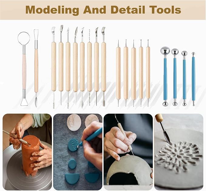 CeeVian 40PCS Clay Sculpting Tools Kit, Pottery Tools Set with Stainless Steel & Wooden Clay Carving Tools, Ball Stylus, Rubber Tip Shapers, Sponge & Storage Bag for Ceramic, Polymer Clay, Sculpting