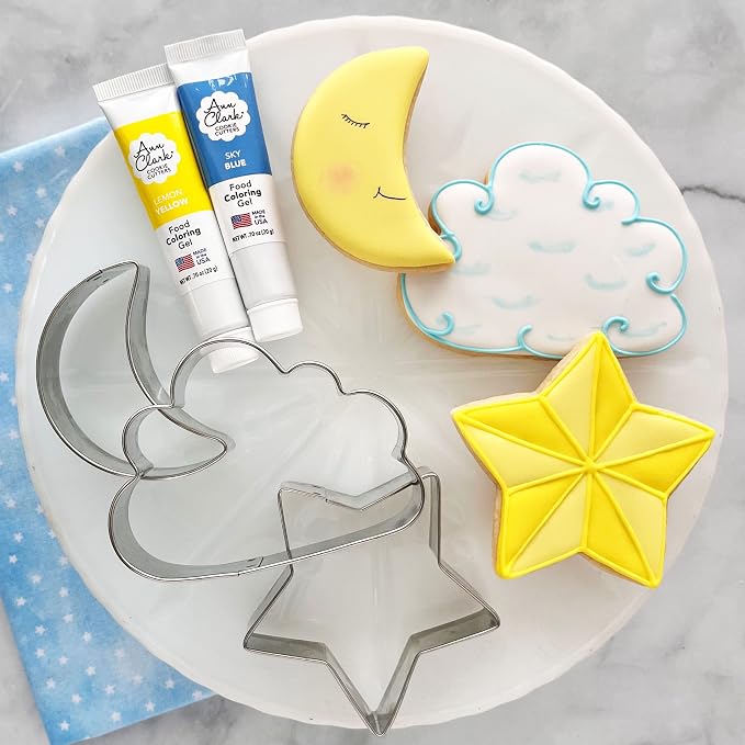 Celestial Cookie Decorating 5-Pc. Set Made in USA by Ann Clark, Star, Cloud, Crescent Moon, Yellow & Sky Blue Food Coloring Gel