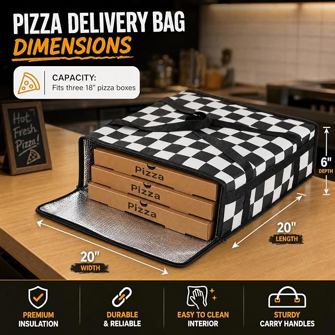 Checkered Pizza Bags for delivery, Black White Checkerboard Insulated Pizza Delivery Bag, Pizza Warmer Bag Pizza Carrier for Food Delivery Bag 20’’x20’’x6’’