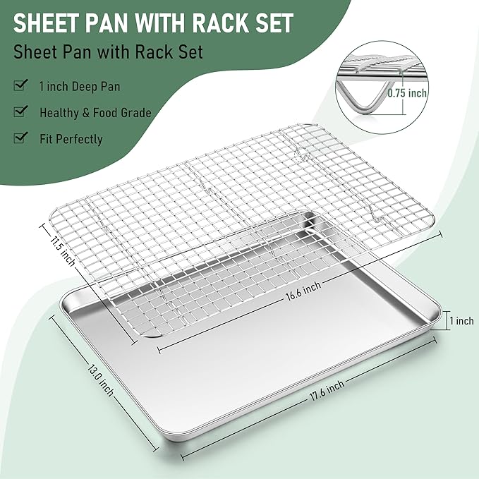 Homikit Baking Half Sheet with Rack Set (2 Pans+2 Racks), 18" x 13" Stainless Steel Cookie Sheets Pan with Wire Cooling Racks for Baking, Nonstick Large Bacon Crisp Trays for Oven, Non Toxic